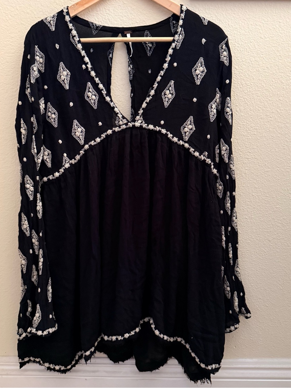 Free People Diamond Boho Tunic Top Embroidery Black Women's L Fairy Peasant